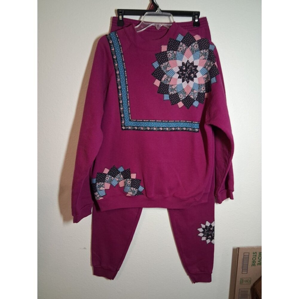 Tultex Magenta Sweatshirt and Joggers Set with Patchwork Flower Accents
